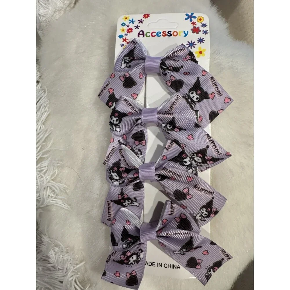 Hello Kitty Kuromi Colorful Purple Hair Bow Cute Hair Clip for Girls 4 PC